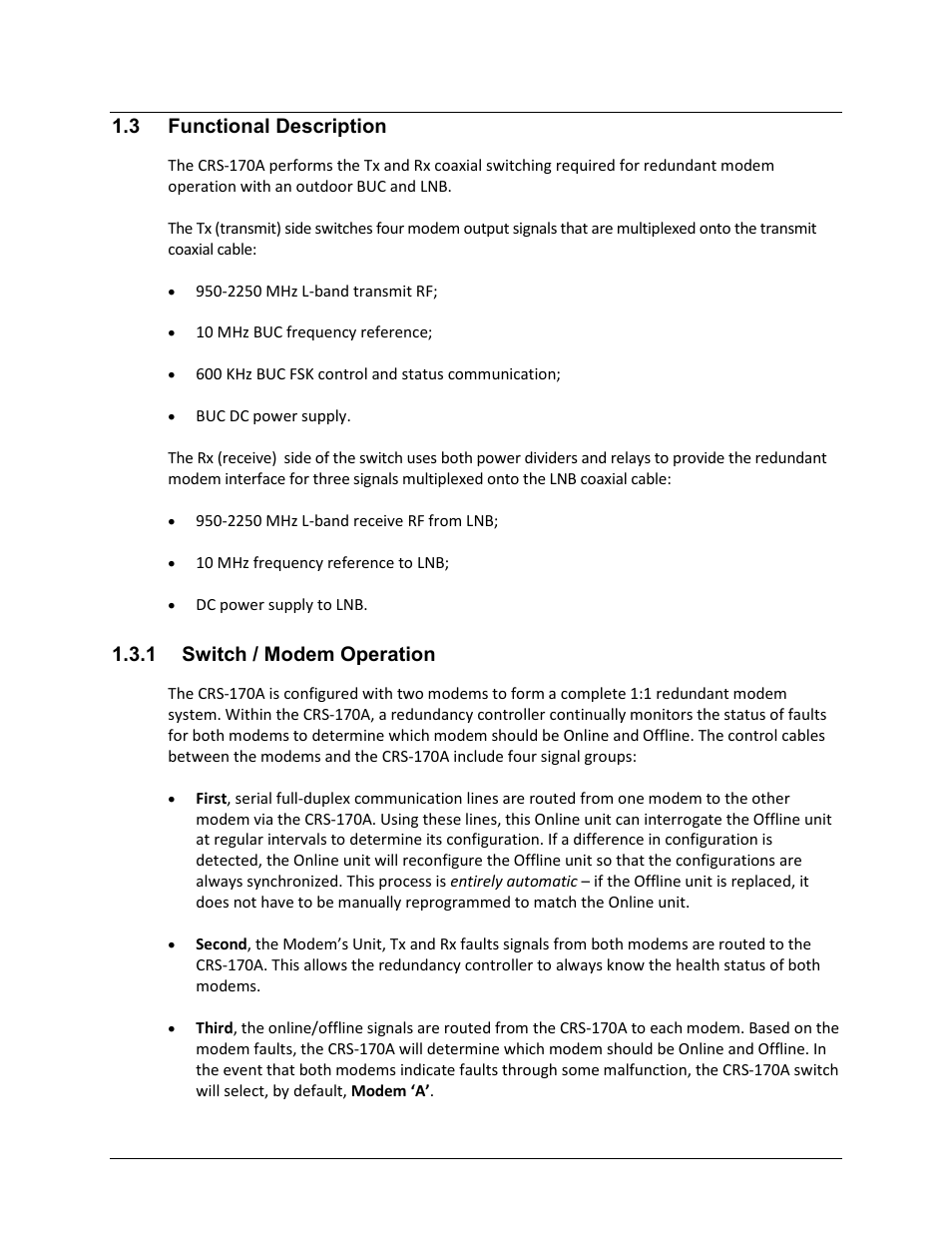 3 functional description, 1 switch / modem operation | Comtech EF Data CRS-170A User Manual | Page 25 / 172