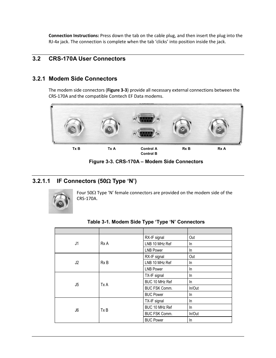 2 crs-170a user connectors, 1 modem side connectors, 1 if connectors (50( type ‘n’) | 1 if connectors (50 ω type ‘n’) | Comtech EF Data CRS-170A User Manual | Page 46 / 172