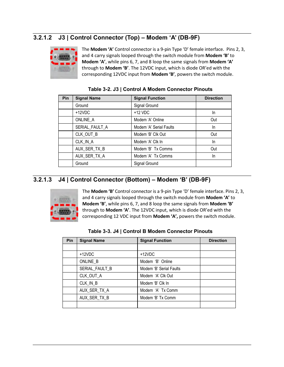 2 j3 | control connector (top) – modem ‘a’ (db-9f) | Comtech EF Data CRS-170A User Manual | Page 47 / 172
