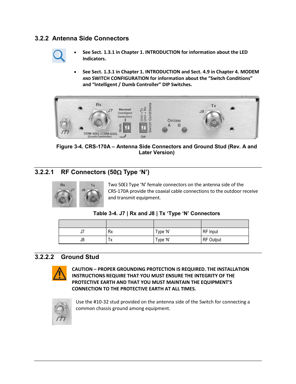 2 antenna side connectors, 1 rf connectors (50( type ‘n’), 2 ground stud | 1 rf connectors (50 ω type ‘n’) | Comtech EF Data CRS-170A User Manual | Page 48 / 172