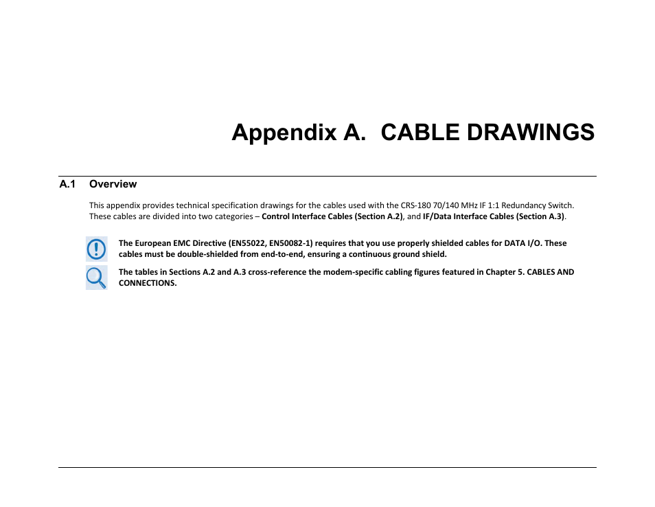 Appendix a. cable drawings, A.1 overview | Comtech EF Data CRS-180 User Manual | Page 113 / 136