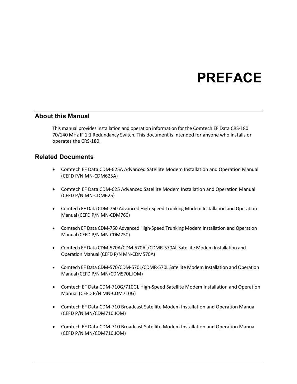 Preface, About this manual, Related documents | Comtech EF Data CRS-180 User Manual | Page 13 / 136