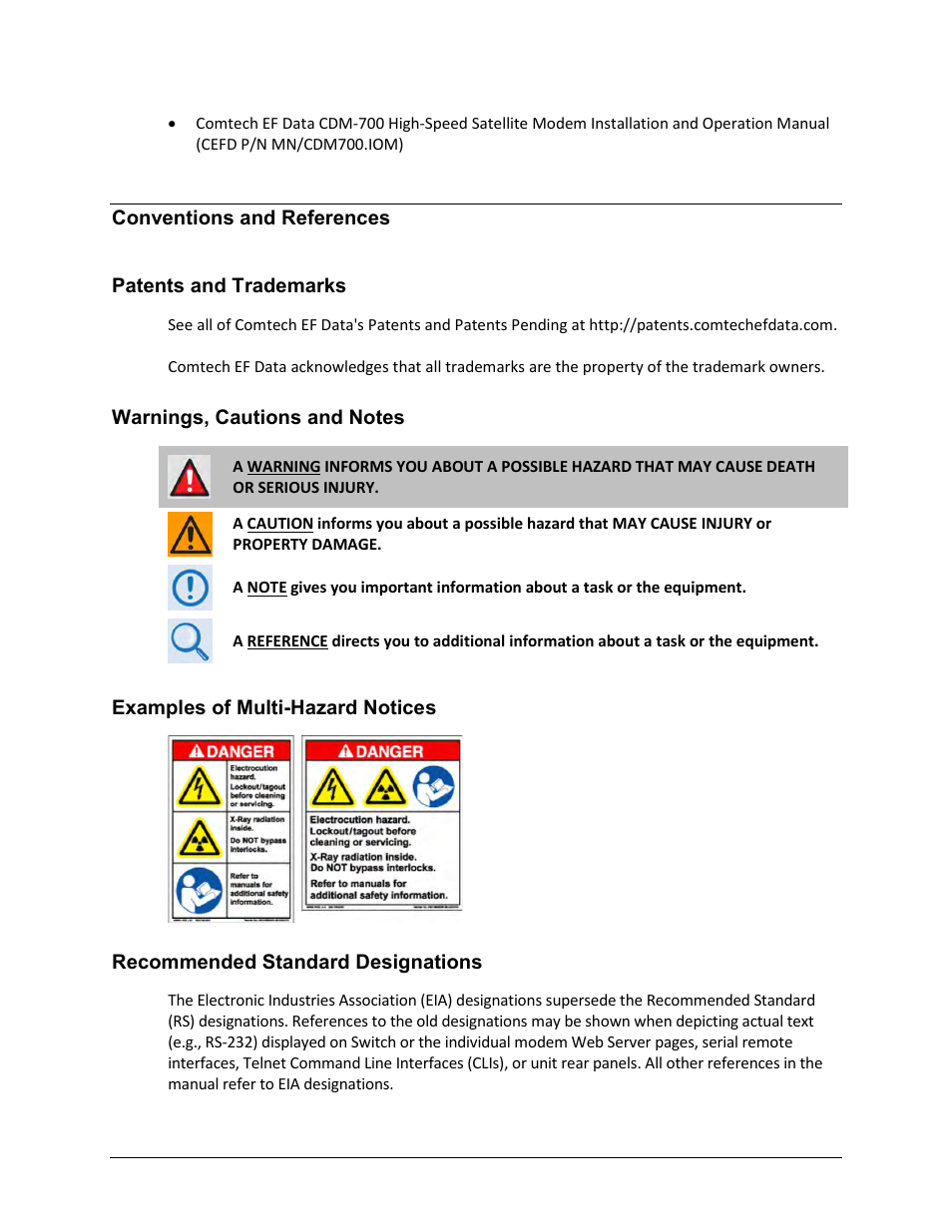Conventions and references, Patents and trademarks, Warnings, cautions and notes | Examples of multi-hazard notices, Recommended standard designations | Comtech EF Data CRS-180 User Manual | Page 14 / 136