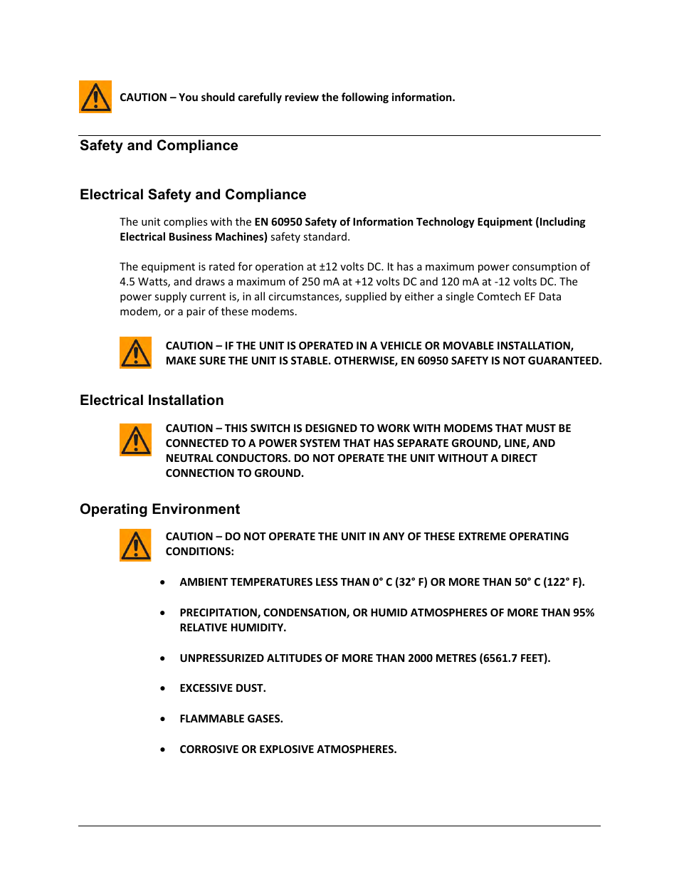 Safety and compliance, Electrical safety and compliance, Electrical installation | Operating environment | Comtech EF Data CRS-180 User Manual | Page 15 / 136