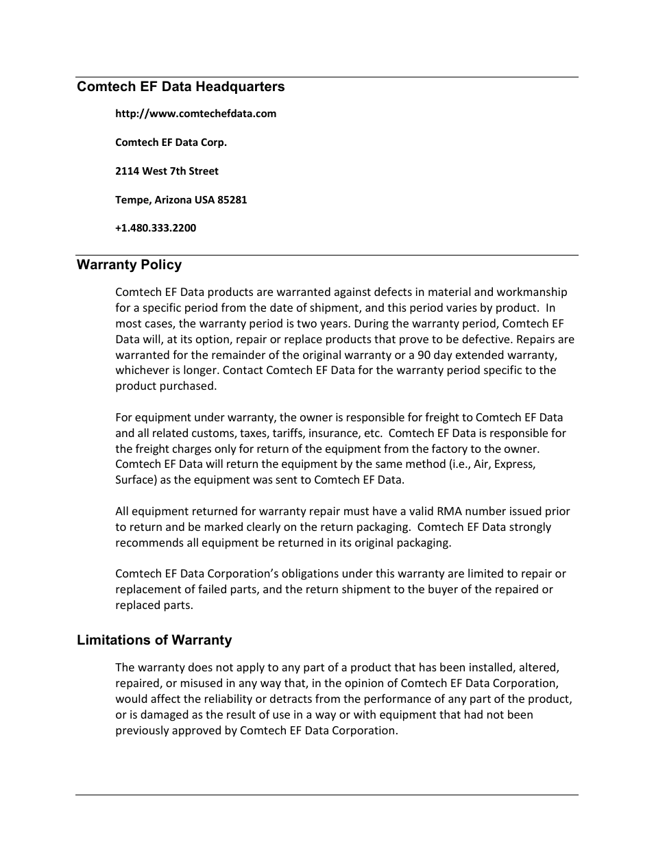 Comtech ef data headquarters, Warranty policy, Limitations of warranty | Comtech EF Data CRS-180 User Manual | Page 18 / 136