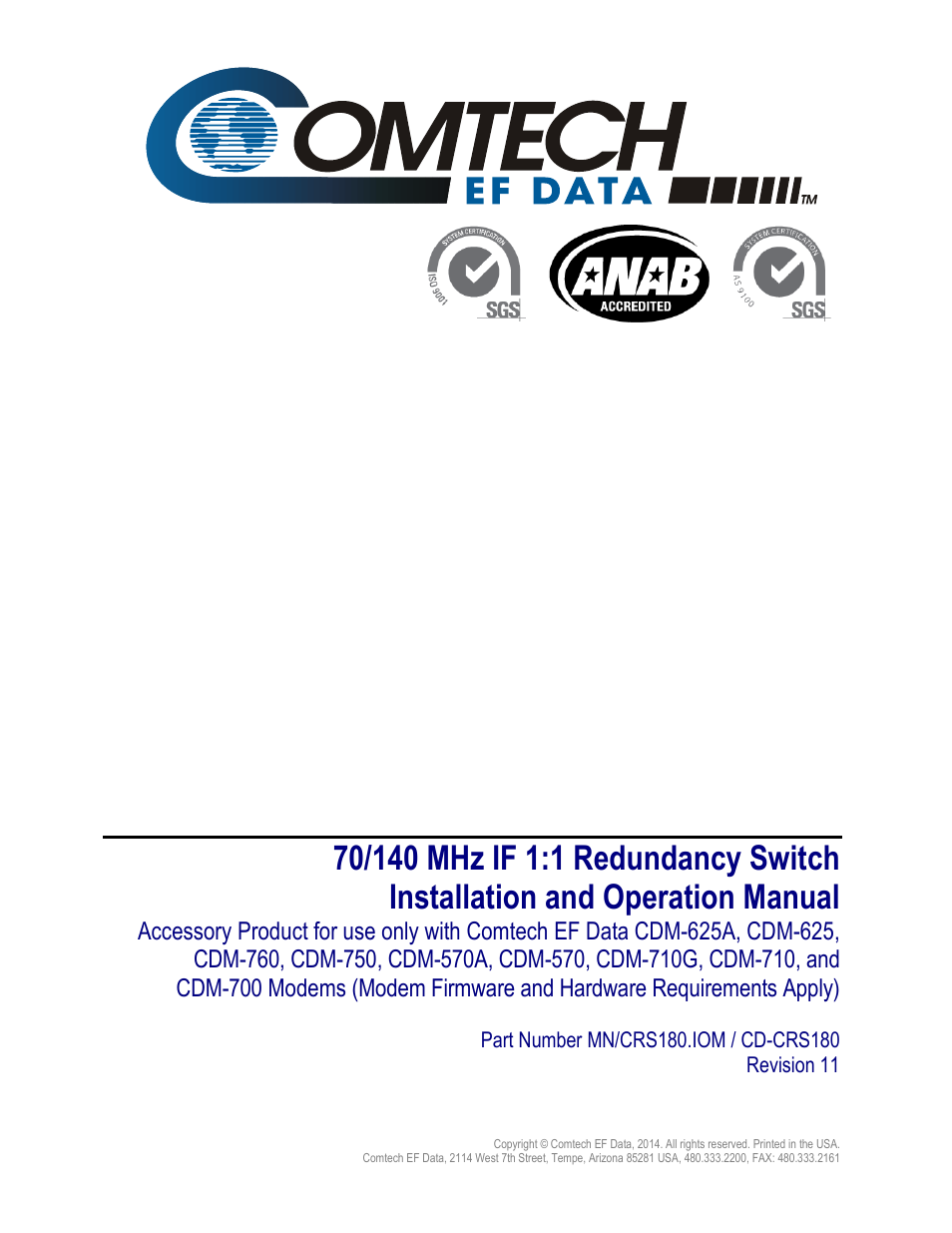 Inside cover, Crs-180 | Comtech EF Data CRS-180 User Manual | Page 3 / 136
