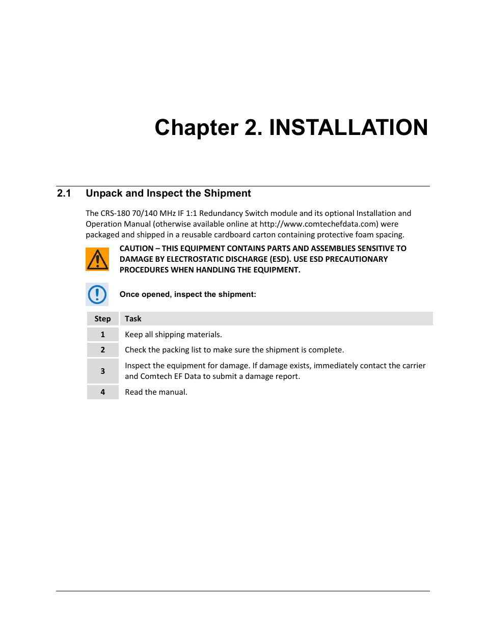 Chapter 2. installation, 1 unpack and inspect the shipment | Comtech EF Data CRS-180 User Manual | Page 35 / 136