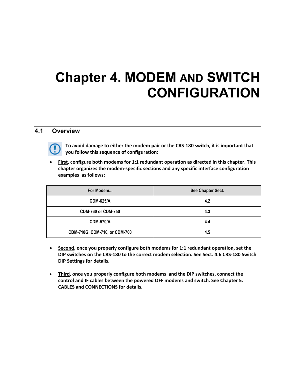 Chapter 4. modem and switch configuration, 1 overview, Chapter 4. modem | Switch configuration | Comtech EF Data CRS-180 User Manual | Page 43 / 136