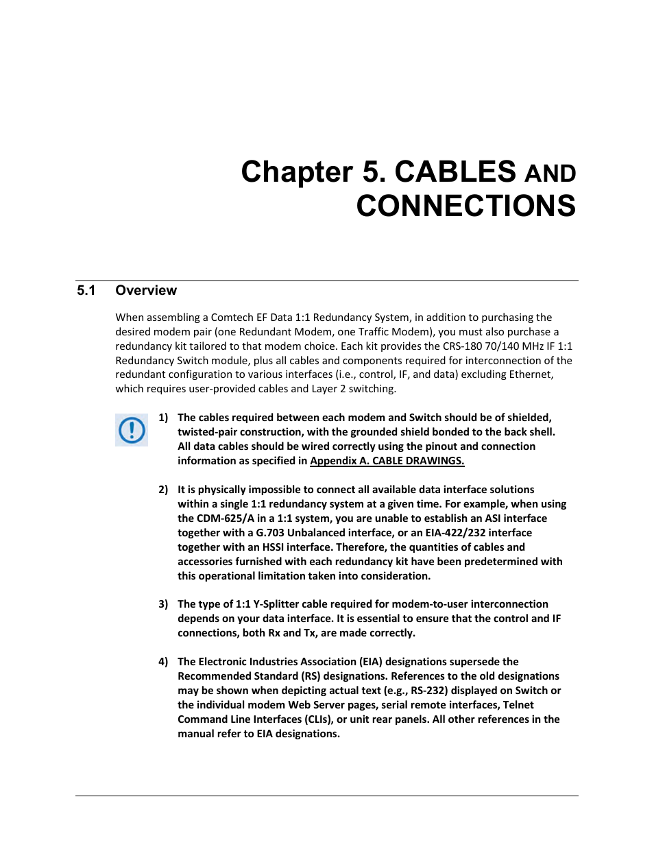 Chapter 5. cables and connections, 1 overview, Chapter 5. cables | Connections | Comtech EF Data CRS-180 User Manual | Page 61 / 136