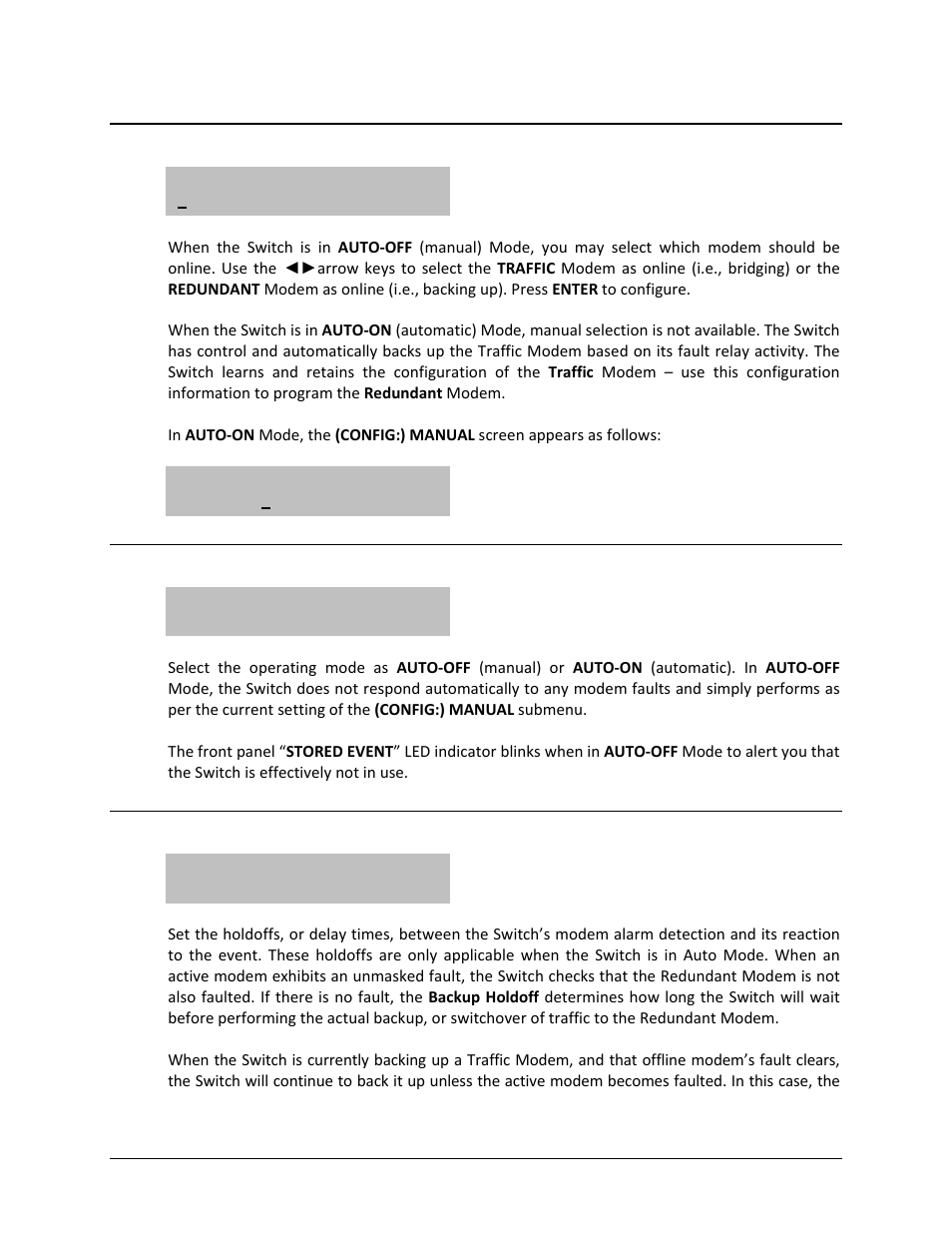 1 (config:) manual, 2 (config:) auto [off or on, 3 (config:) holdoffs | Comtech EF Data CRS-311 User Manual | Page 118 / 196