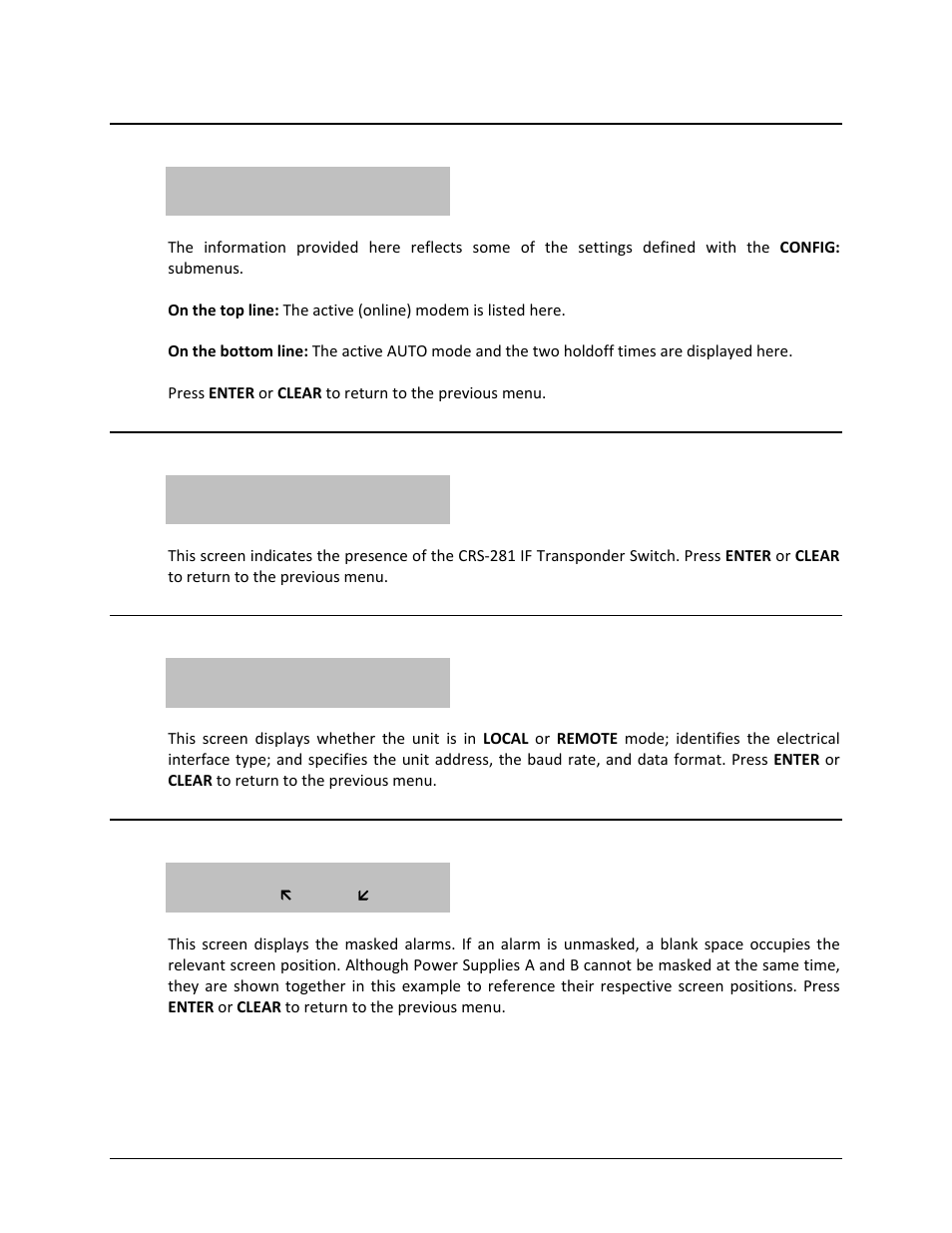 3 (info:) setup, 4 (info) if-switch, 5 (info:) remcont (remote control info) | 6 (info:) mask (alarms masked info) | Comtech EF Data CRS-311 User Manual | Page 122 / 196