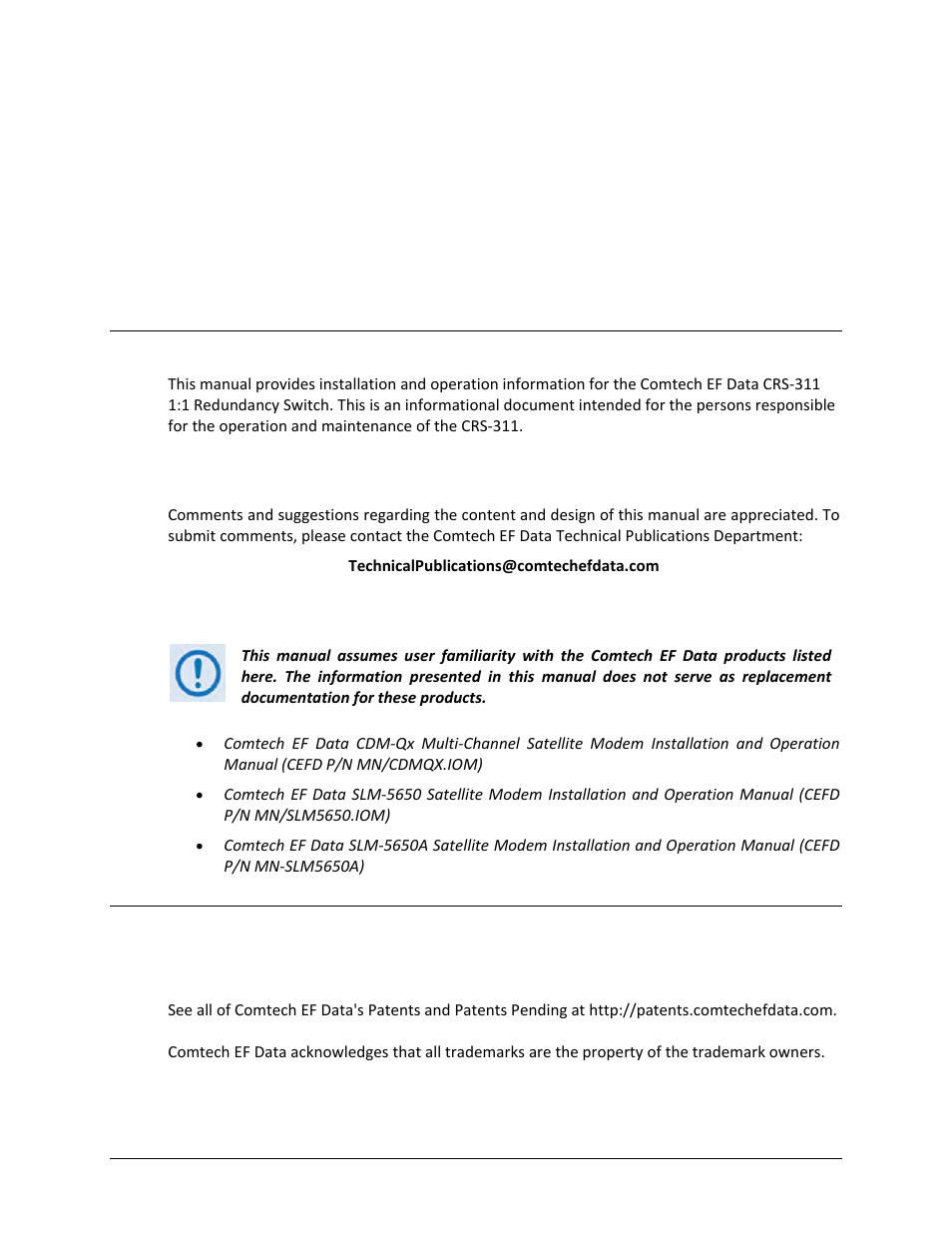Preface, About this manual, Related documents | Conventions and references, Patents and trademarks | Comtech EF Data CRS-311 User Manual | Page 15 / 196