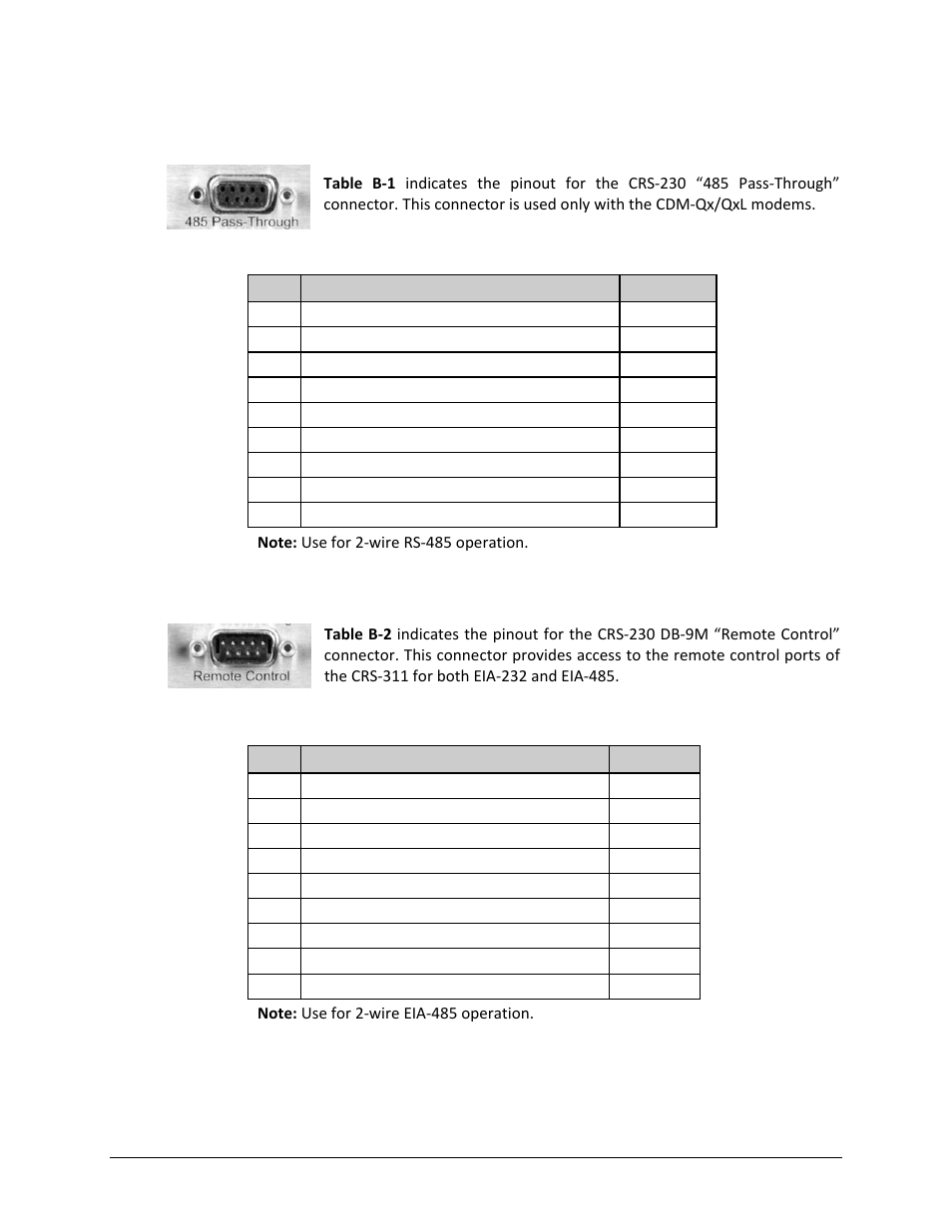 B.1.2 crs-230 “485 pass-through” connector (db-9f), B.1.3 crs-230 “remote control” connector (db-9m) | Comtech EF Data CRS-311 User Manual | Page 170 / 196