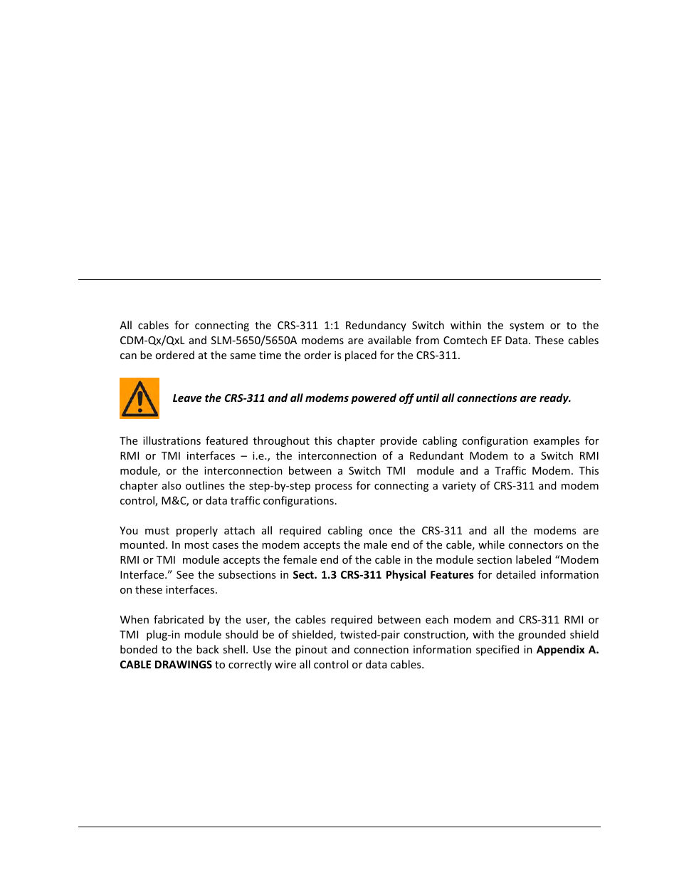 Chapter 3. cables and connections, 1 overview, Chapter 3. cables | Connections | Comtech EF Data CRS-311 User Manual | Page 49 / 196