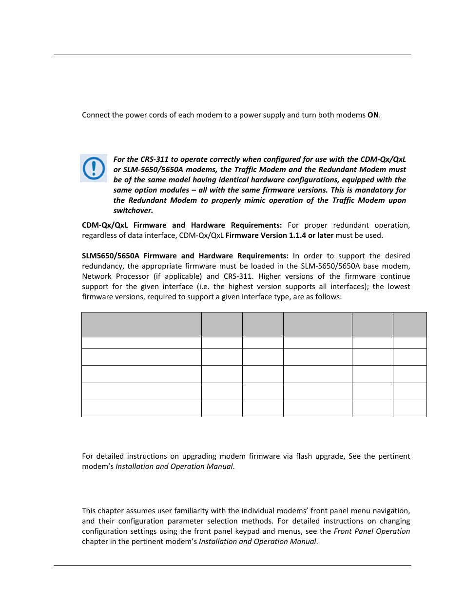 2 modem configuration, 1 modem power, 2 modem firmware and hardware requirements | 1 flash upgrading, 3 modem operational configuration, 2 modem configuration 4.2.1 modem power | Comtech EF Data CRS-311 User Manual | Page 92 / 196