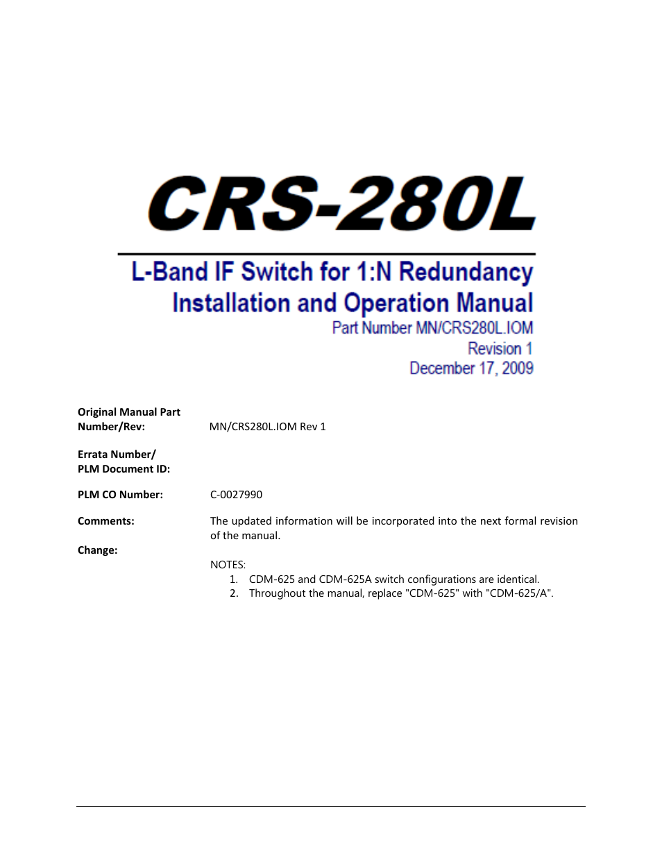 Errata a, Comtech ef data documentation update | Comtech EF Data CRS-280L User Manual | Page 3 / 64