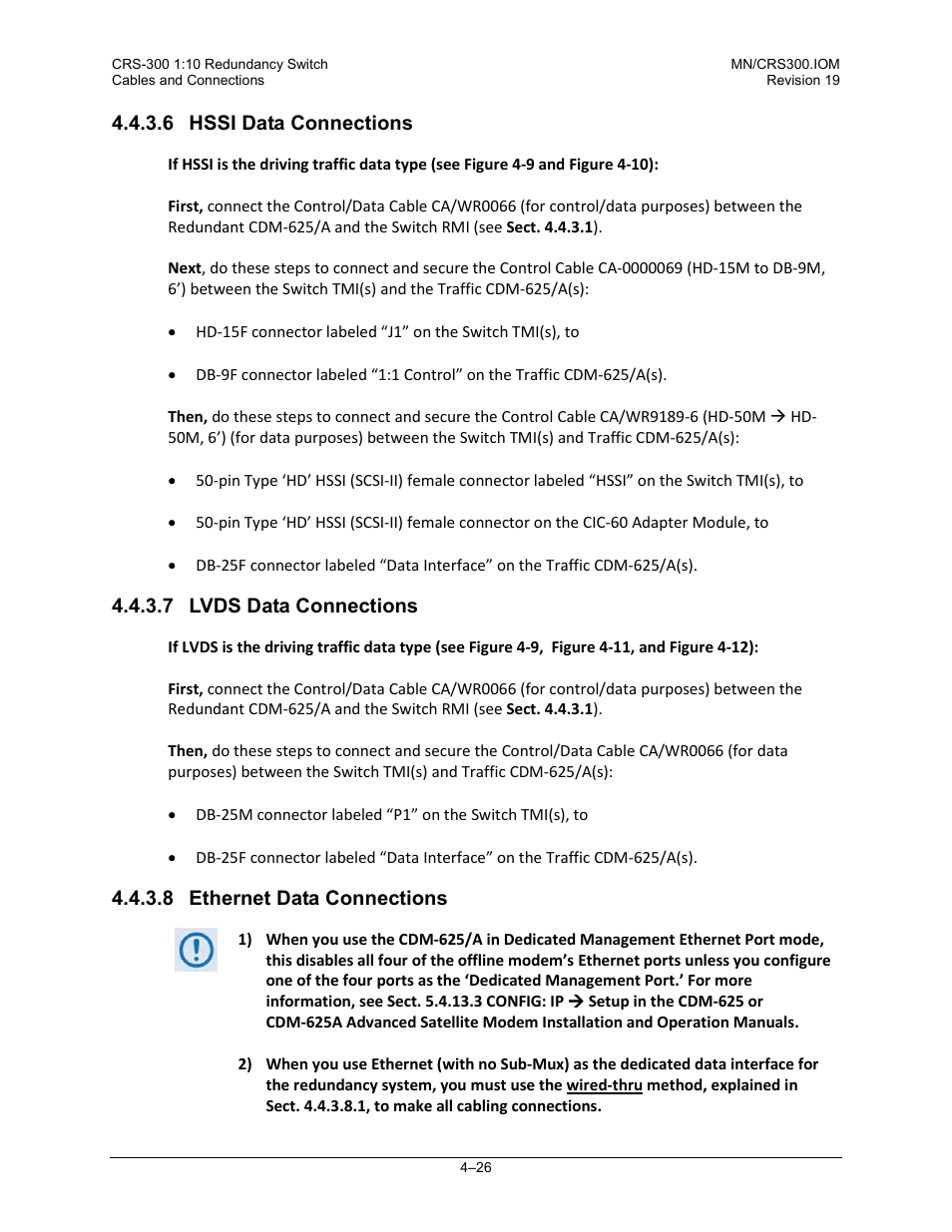 6 hssi data connections, 7 lvds data connections, 8 ethernet data connections | T. 4.4.3.6), T. 4.4.3.8) | Comtech EF Data CRS-300 User Manual | Page 100 / 300