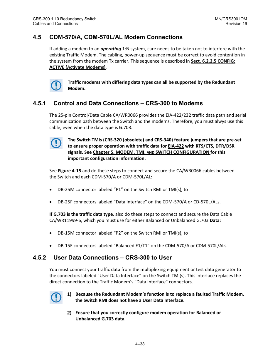 5 cdm-570/a, cdm-570l/al modem connections, 1 control and data connections – crs-300 to modems, 2 user data connections – crs-300 to user | Comtech EF Data CRS-300 User Manual | Page 112 / 300
