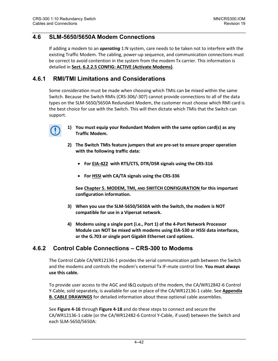 6 slm-5650/5650a modem connections, 1 rmi/tmi limitations and considerations, 2 control cable connections – crs-300 to modems | Comtech EF Data CRS-300 User Manual | Page 116 / 300