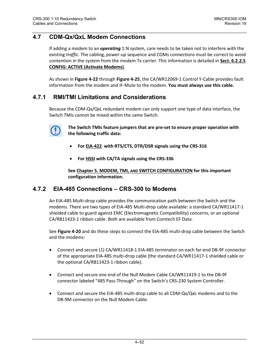 7 cdm-qx/qxl modem connections, 1 rmi/tmi limitations and considerations, 2 eia-485 connections – crs-300 to modems | Comtech EF Data CRS-300 User Manual | Page 126 / 300