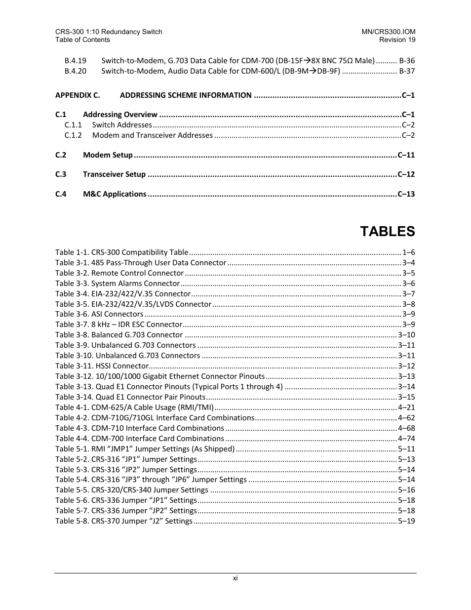 Tables | Comtech EF Data CRS-300 User Manual | Page 13 / 300