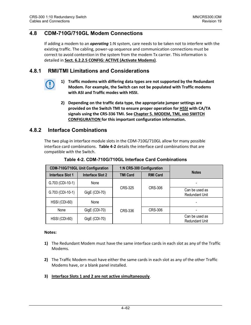 8 cdm-710g/710gl modem connections, 1 rmi/tmi limitations and considerations, 2 interface combinations | Comtech EF Data CRS-300 User Manual | Page 136 / 300
