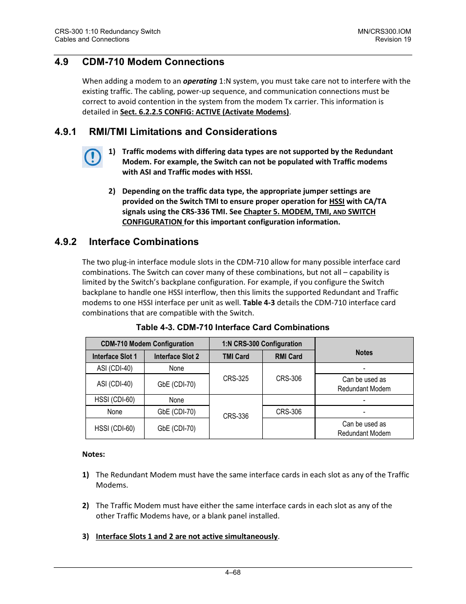 9 cdm-710 modem connections, 1 rmi/tmi limitations and considerations, 2 interface combinations | Comtech EF Data CRS-300 User Manual | Page 142 / 300