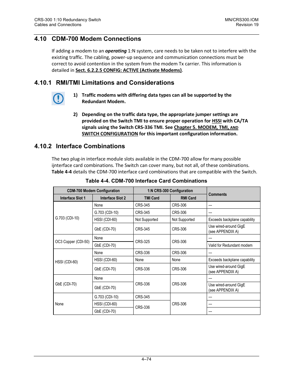 10 cdm-700 modem connections, 1 rmi/tmi limitations and considerations, 2 interface combinations | Comtech EF Data CRS-300 User Manual | Page 148 / 300