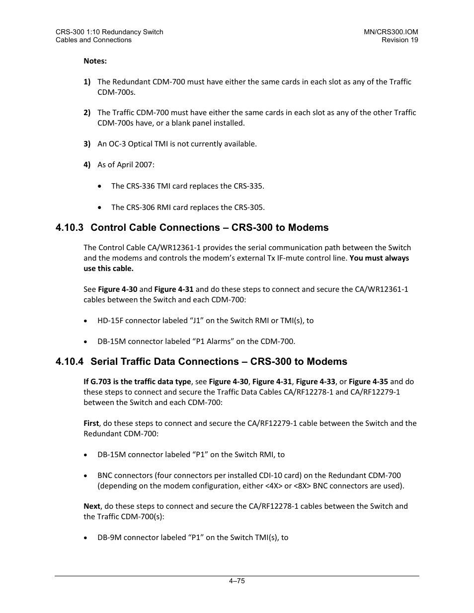 3 control cable connections – crs-300 to modems | Comtech EF Data CRS-300 User Manual | Page 149 / 300