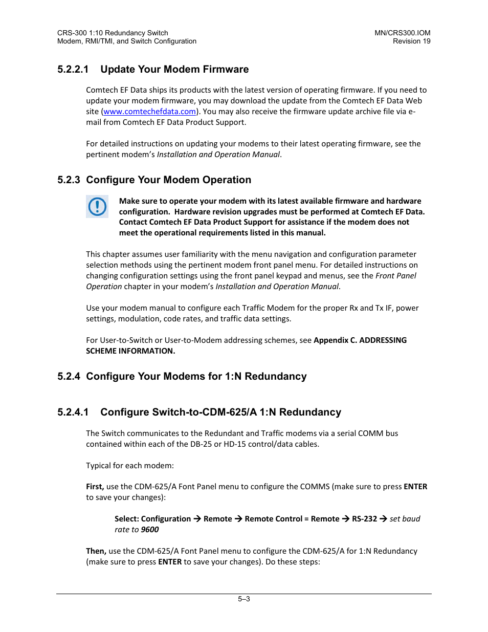 1 update your modem firmware, 3 configure your modem operation, 4 configure your modems for 1:n redundancy | 1 configure switch-to-cdm-625/a 1:n redundancy | Comtech EF Data CRS-300 User Manual | Page 167 / 300