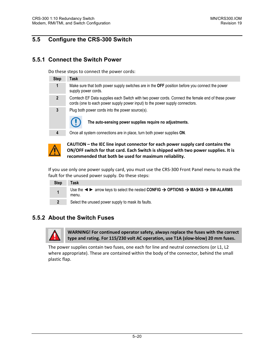 5 configure the crs-300 switch, 1 connect the switch power, 2 about the switch fuses | Comtech EF Data CRS-300 User Manual | Page 184 / 300