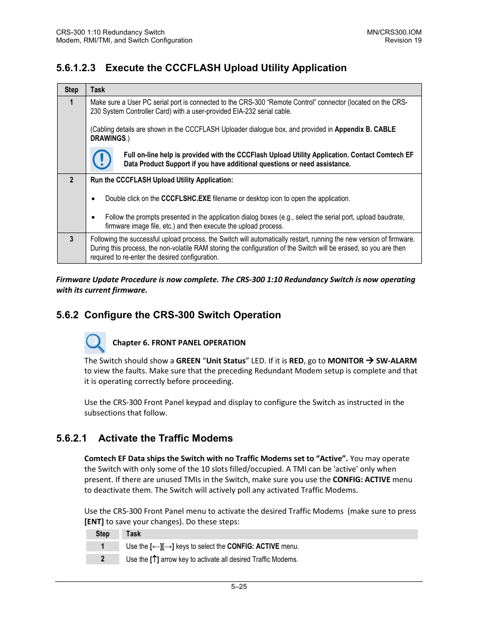 3 execute the cccflash upload utility application, 2 configure the crs-300 switch operation, 1 activate the traffic modems | Comtech EF Data CRS-300 User Manual | Page 189 / 300