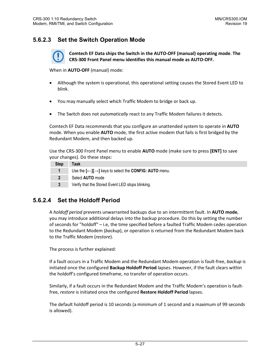 3 set the switch operation mode, 4 set the holdoff period | Comtech EF Data CRS-300 User Manual | Page 191 / 300