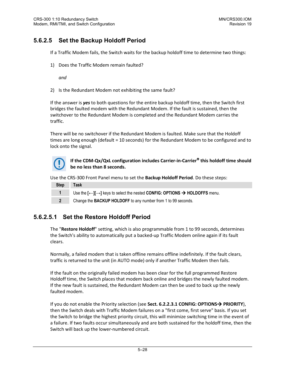 5 set the backup holdoff period, 1 set the restore holdoff period | Comtech EF Data CRS-300 User Manual | Page 192 / 300