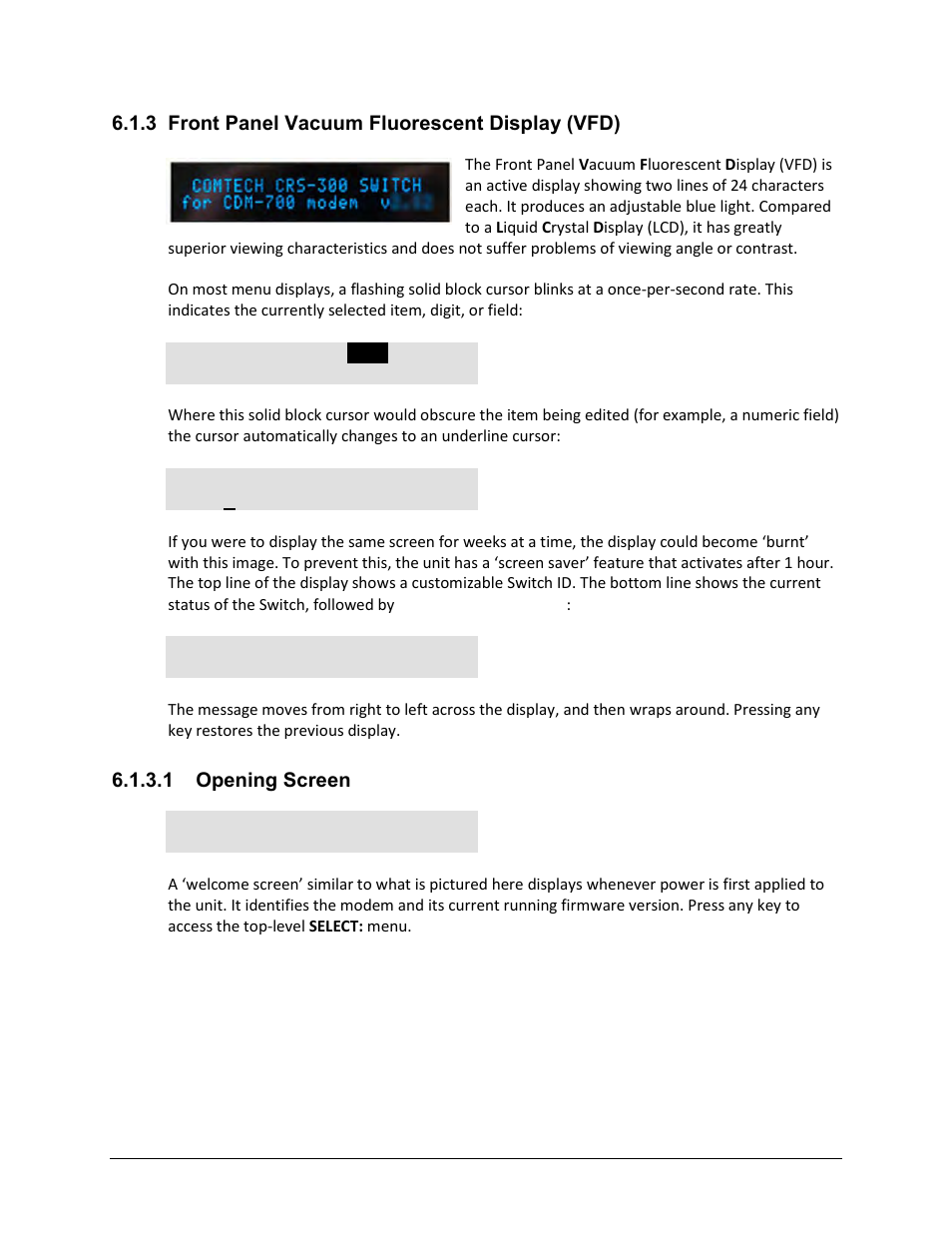 3 front panel vacuum fluorescent display (vfd), 1 opening screen | Comtech EF Data CRS-300 User Manual | Page 199 / 300