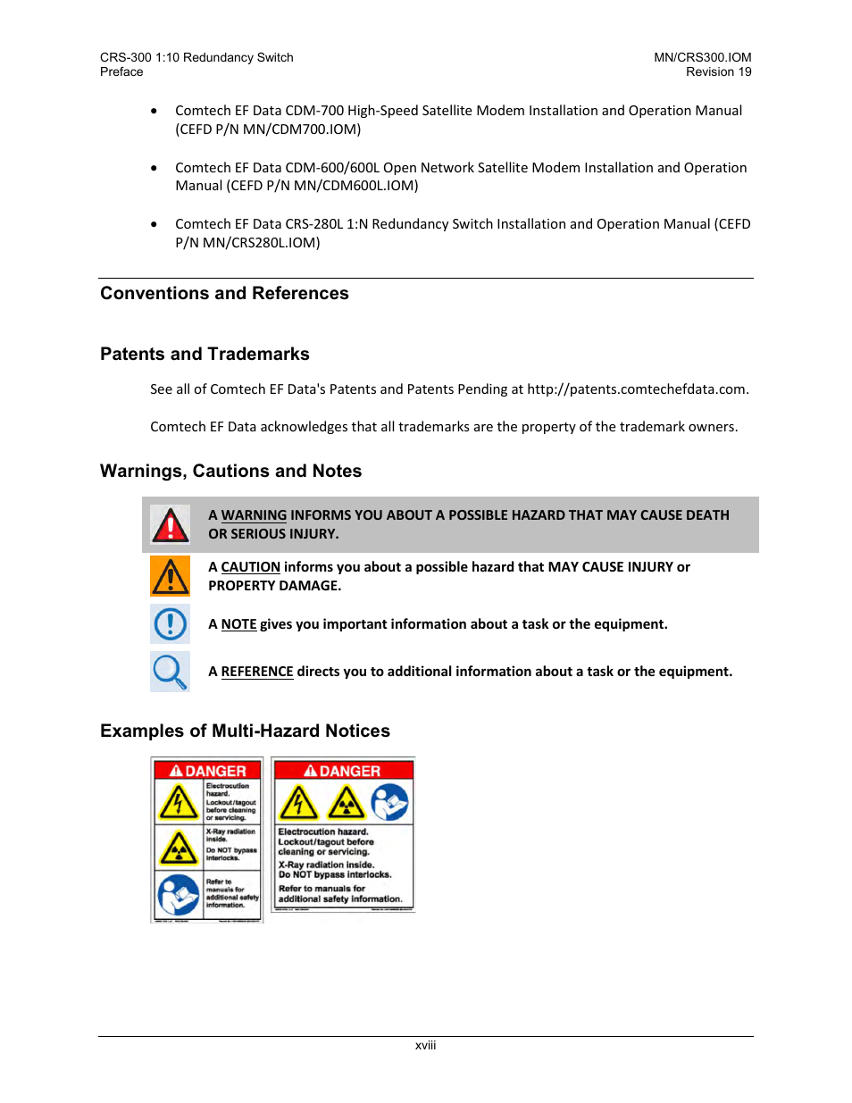 Conventions and references, Patents and trademarks, Warnings, cautions and notes | Examples of multi-hazard notices | Comtech EF Data CRS-300 User Manual | Page 20 / 300