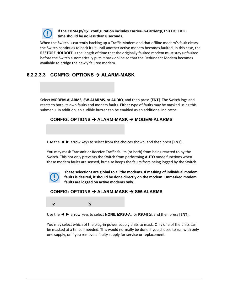 3 config: options ( alarm-mask, Config: options ( alarm-mask ( modem-alarms, Config: options ( alarm-mask ( sw-alarms | Comtech EF Data CRS-300 User Manual | Page 204 / 300