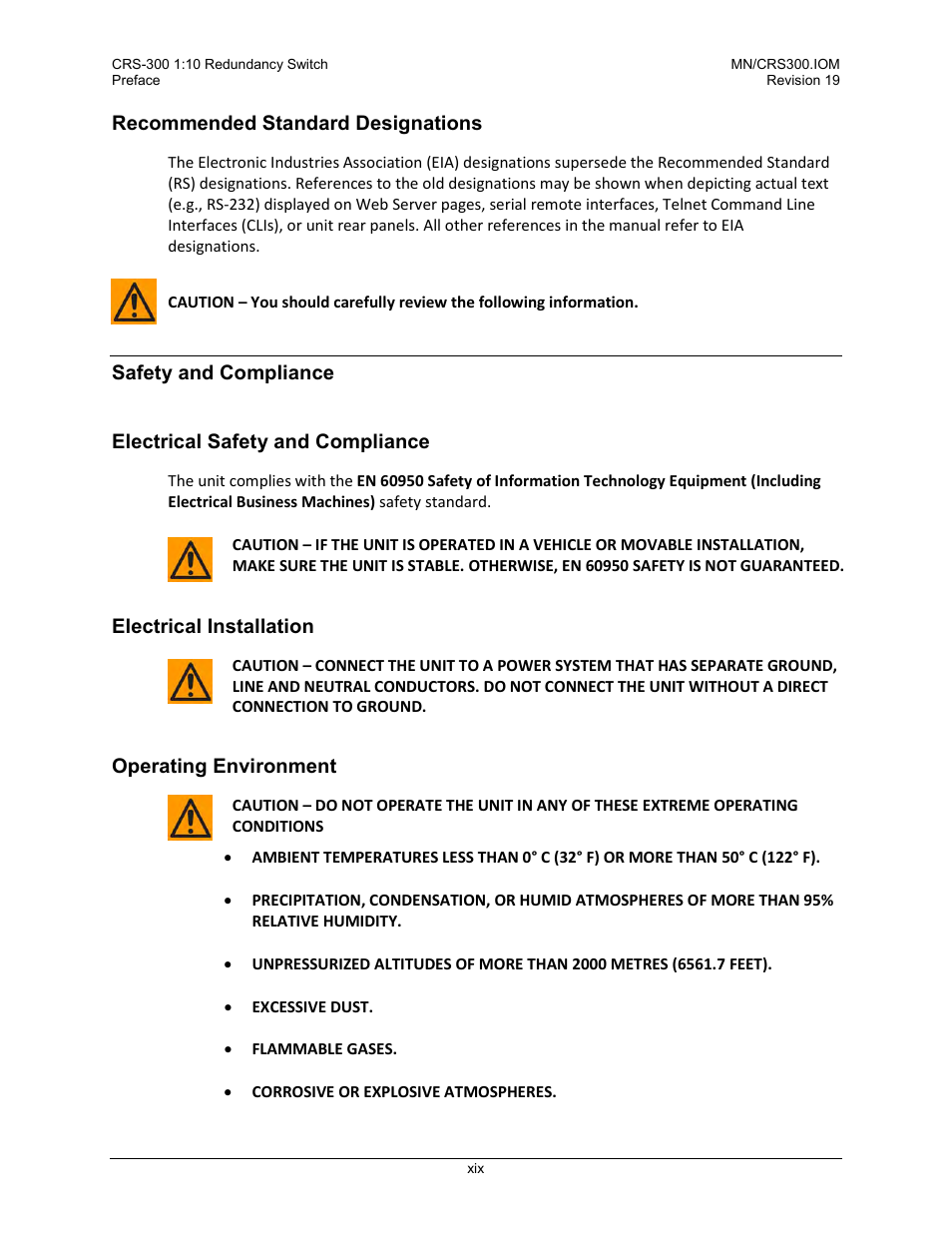 Recommended standard designations, Safety and compliance, Electrical safety and compliance | Electrical installation, Operating environment | Comtech EF Data CRS-300 User Manual | Page 21 / 300
