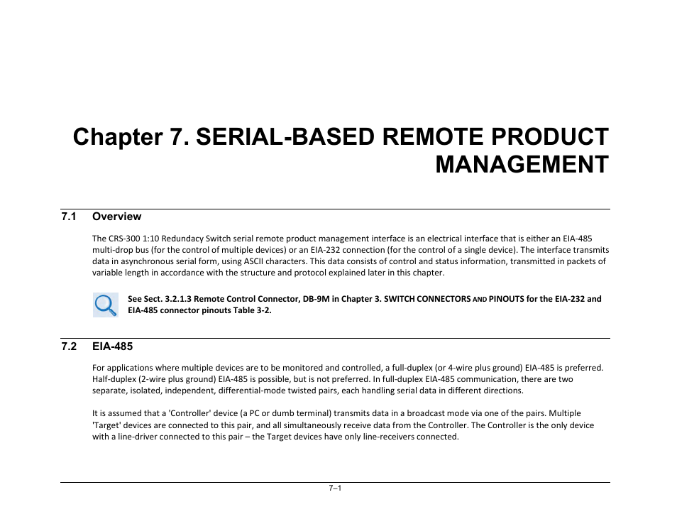 Chapter 7. serial-based remote product management, 1 overview, 2 eia-485 | Comtech EF Data CRS-300 User Manual | Page 217 / 300