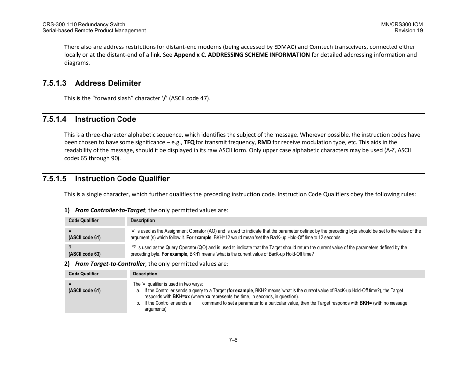 3 address delimiter, 4 instruction code, 5 instruction code qualifier | Comtech EF Data CRS-300 User Manual | Page 222 / 300