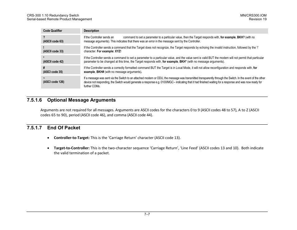 6 optional message arguments, 7 end of packet | Comtech EF Data CRS-300 User Manual | Page 223 / 300