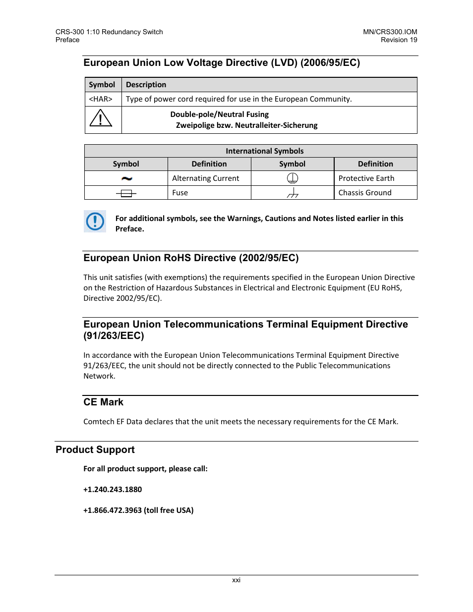 European union rohs directive (2002/95/ec), Ce mark, Product support | Comtech EF Data CRS-300 User Manual | Page 23 / 300
