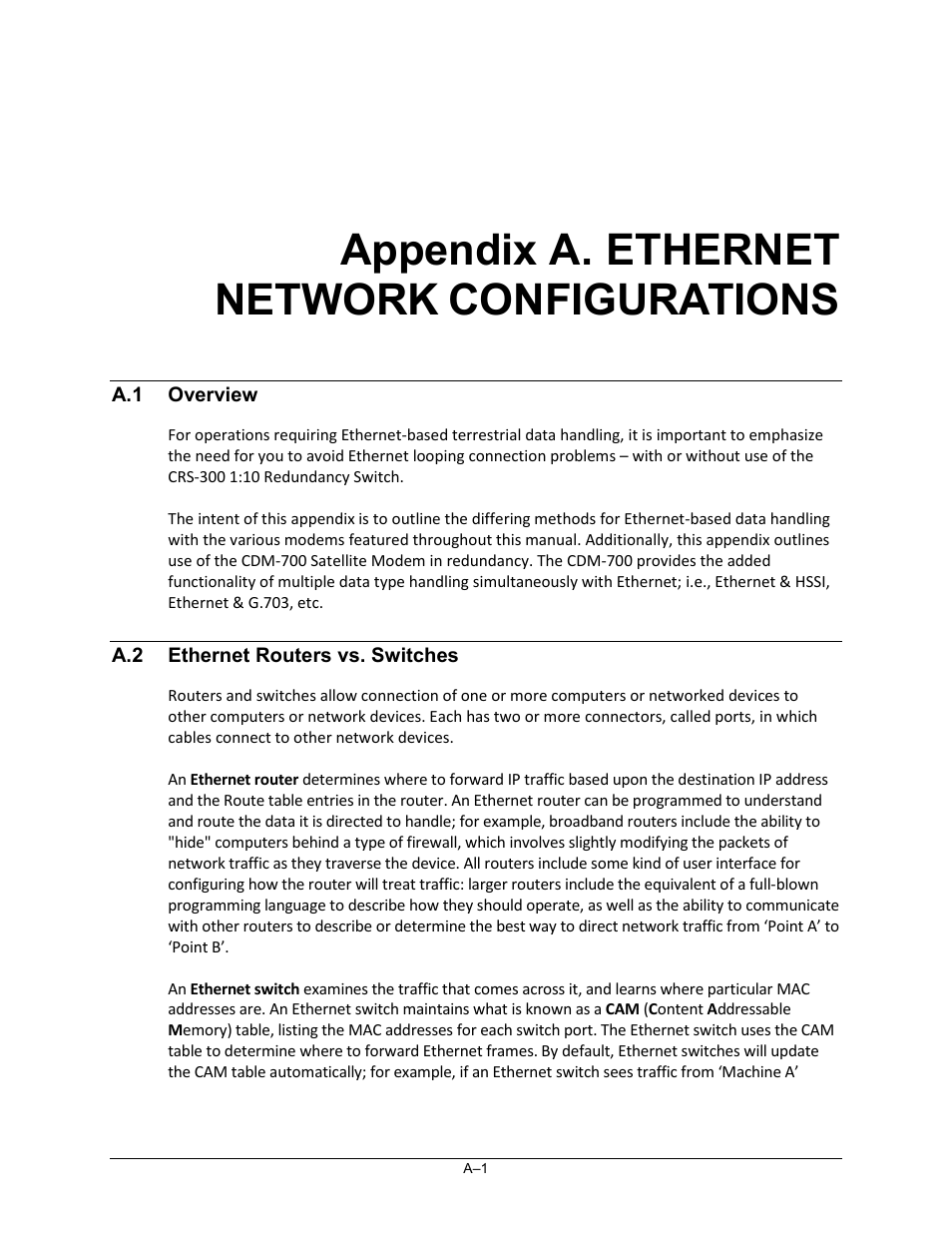 Appendix a. ethernet network configurations, A.1 overview, A.2 ethernet routers vs. switches | Appendix a. ethernet, Network, Configurations | Comtech EF Data CRS-300 User Manual | Page 233 / 300