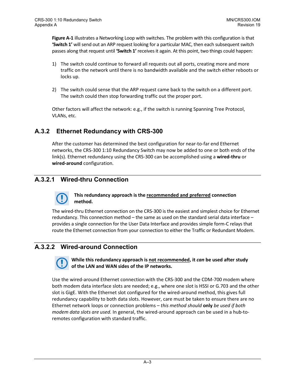 A.3.2 ethernet redundancy with crs-300, A.3.2.1 wired-thru connection, A.3.2.2 wired-around connection | A.3.3 | Comtech EF Data CRS-300 User Manual | Page 235 / 300