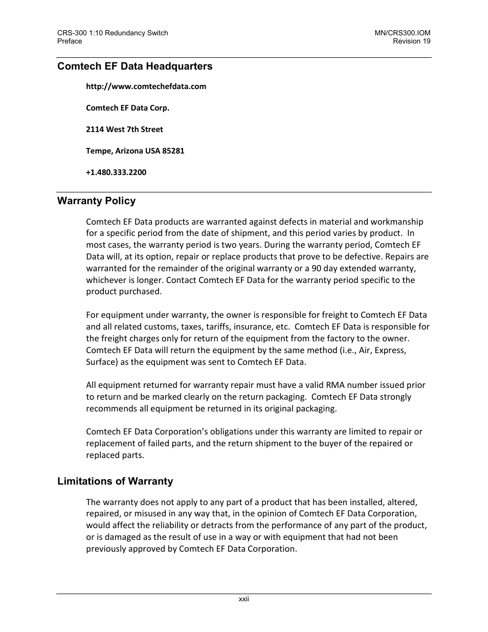 Comtech ef data headquarters, Warranty policy, Limitations of warranty | Comtech EF Data CRS-300 User Manual | Page 24 / 300