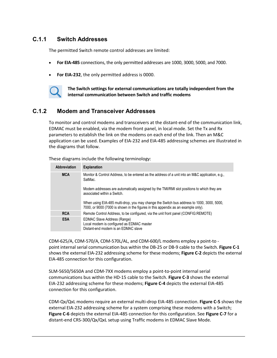 C.1.1 switch addresses, C.1.2 modem and transceiver addresses | Comtech EF Data CRS-300 User Manual | Page 286 / 300