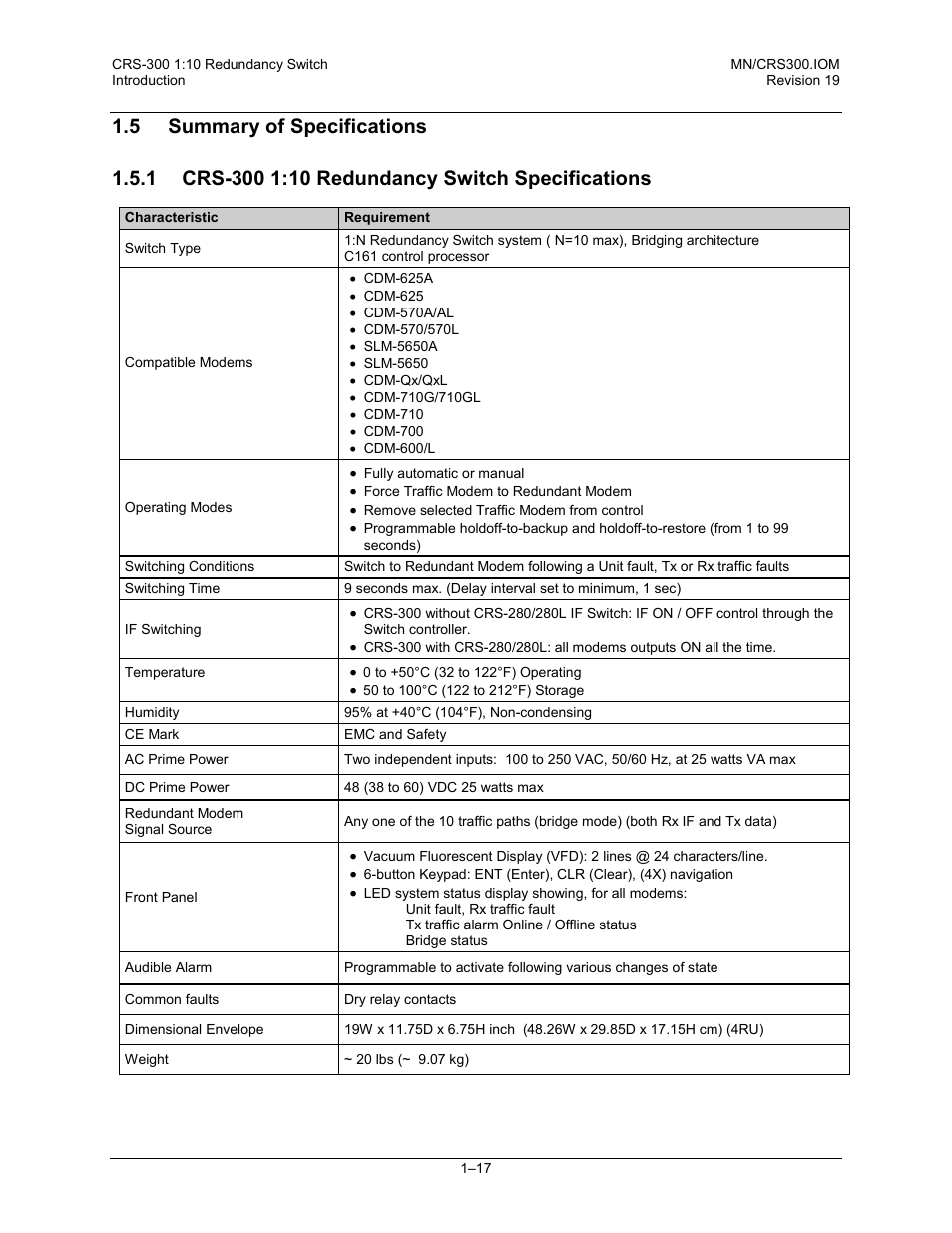 5 summary of specifications, 1 crs-300 1:10 redundancy switch specifications | Comtech EF Data CRS-300 User Manual | Page 43 / 300
