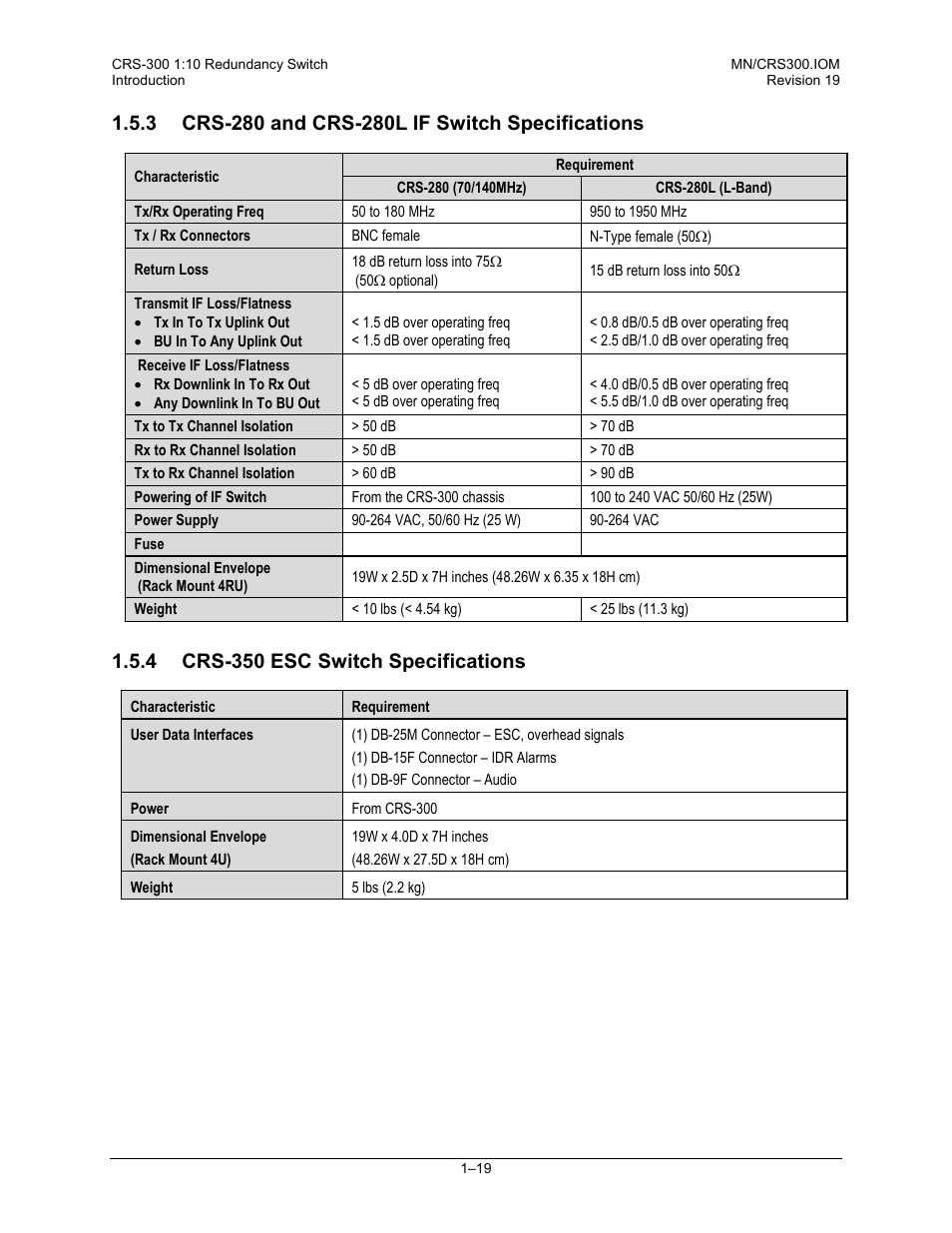 3 crs-280 and crs-280l if switch specifications, 4 crs-350 esc switch specifications | Comtech EF Data CRS-300 User Manual | Page 45 / 300