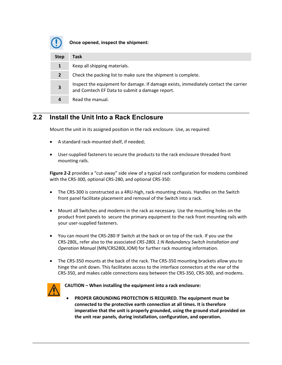 2 install the unit into a rack enclosure | Comtech EF Data CRS-300 User Manual | Page 52 / 300