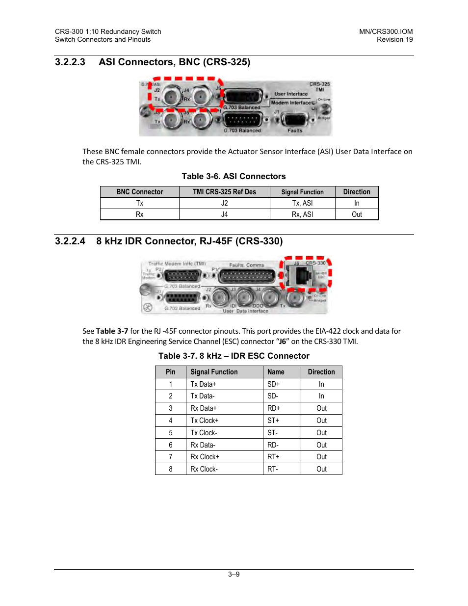 3 asi connectors, bnc (crs-325), 4 8 khz idr connector, rj-45f (crs-330) | Comtech EF Data CRS-300 User Manual | Page 63 / 300